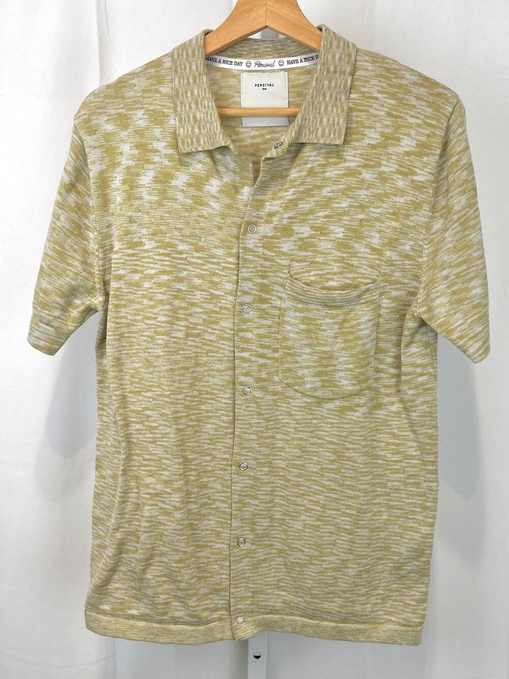 PERCIVAL Mens Knitted Polo Snap Front Shirt Short Sleeve Marled Green Size M